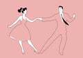 Beautiful girl and handsome man dancing rock, rockabilly, swing or lindy hop. Outlines vector illustration