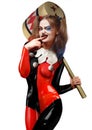 Beautiful girl in a Harley Quinn costume with a hammer in her ha