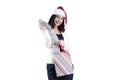 Beautiful girl hat santa gift bag celebration, young Royalty Free Stock Photo