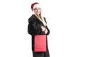 Beautiful girl hat santa package for shopping isolated braces Royalty Free Stock Photo