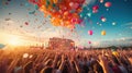 A beautiful girl is having fun at a music festival with friends among a sea of colorful confetti and fluttering balloons