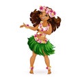 A beautiful girl in Hawaiian clothes dances Hula. Wreath and garland of flowers, a skirt of grass. Royalty Free Stock Photo