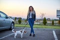 Beautiful girl with her friend Jack Russell dog walking in the park Royalty Free Stock Photo