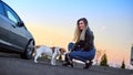 Beautiful girl with her friend Jack Russell dog walking in the park Royalty Free Stock Photo