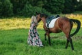 Beautiful girl with her horse on a lovely meadow lit by warm light Royalty Free Stock Photo