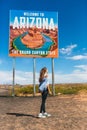 Welcome to Arizona road sign. Large welcome sign greets travels in Paje Canyon, Arizona, USA Royalty Free Stock Photo