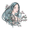 Beautiful girl holding a bottle of cosmetics. Blooming Sakura in her hair - a symbol of natural cosmetics. Vector