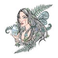 Beautiful girl holding a bottle of cosmetics. Leaves of plants in her hair - a symbol of natural cosmetics. Vector