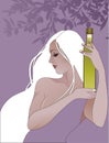 Beautiful girl holding a bottle of olive oil, surrounded by olives and olive branches. Symbolic and allegorical image