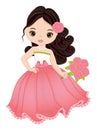 Beautiful Girl Wearing Long Pink Dress and Holding Bouquet of Roses Royalty Free Stock Photo