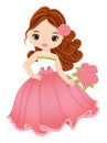 Beautiful Girl Wearing Long Pink Dress and Holding Bouquet of Roses Royalty Free Stock Photo