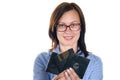 Beautiful girl holding a floppy disk Royalty Free Stock Photo