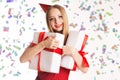 Beautiful girl holding gift boxes, happy Birthday Royalty Free Stock Photo