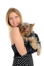 Beautiful girl holding small cute york terrier dog Royalty Free Stock Photo