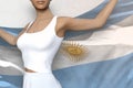 Beautiful girl holds Argentina flag in hands behind her back on the white background - flag concept 3d illustration