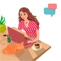 Beautiful girl at the home table communicates with her boyfriend online. The concept of online dating