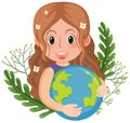 Beautiful girl hugging earth globe with nature elements Royalty Free Stock Photo