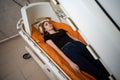 Beautiful girl in a hyperbaric chamber, oxygen treatment Royalty Free Stock Photo