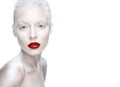 Beautiful girl in the image of albino with red lips and white eyes. Art beauty face.