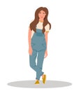 Beautiful girl in jeans overall.Pretty girl in denim overalls. Vector Illustration