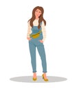 Beautiful girl in jeans overall.Pretty girl in denim overalls. Vector Illustration