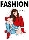 A beautiful girl in jeans and a top is sitting in a stylish. Vector illustration. Clothes and accessories. Print on clothes.