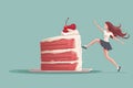A beautiful girl kicks the cake