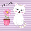 Beautiful girl kitten with flower on a background with pink stripes.