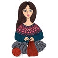 Beautiful girl knits warm scarf. Hobbies, handmade. Cartoon cute