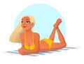 Beautiful girl laying on the beach. Cartoon vector illustration on white background.
