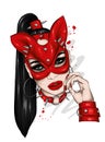 Beautiful girl in leather mask. Sex and BDSM, love. Underwear. Vector illustration for greeting card or poster, print for t-shirt. Royalty Free Stock Photo