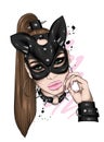 Beautiful girl in leather mask. Sex and BDSM, love. Underwear. Vector illustration for greeting card or poster, print for t-shirt.