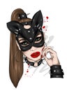 Beautiful girl in leather mask. Sex and BDSM, love. Underwear. Vector illustration for greeting card or poster, print for t-shirt.