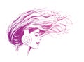 Beautiful girl listens to music on headphones, the wind develops her hair ...