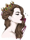 Beautiful girl with long hair in a crown with precious stones. Big eyes and full lips. Vector illustration for greeting card.