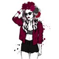 A beautiful girl with long hair in a flower wreath, a leather jacket with thorns and in shorts. Vector illustration.