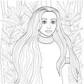 Beautiful girl with long hair surrounded by unusual foliage. Black outline on a white background, sketch, line art. Royalty Free Stock Photo