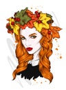 Beautiful girl with long hair in a wreath of autumn leaves. Big eyes and full lips. Vector illustration. Royalty Free Stock Photo
