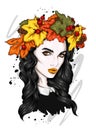 Beautiful girl with long hair in a wreath of autumn leaves. Big eyes and full lips. Vector illustration. Royalty Free Stock Photo