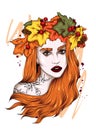 Beautiful girl with long hair in a wreath of autumn leaves. Big eyes and full lips. Vector illustration. Royalty Free Stock Photo