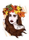 Beautiful girl with long hair in a wreath of autumn leaves. Big eyes and full lips. Vector illustration. Royalty Free Stock Photo