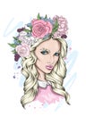Beautiful girl with long hair in a wreath of roses and peonies. Flowers Big eyes and full lips. Vector illustration. Royalty Free Stock Photo