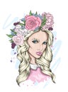 Beautiful girl with long hair in a wreath of roses and peonies. Flowers Big eyes and full lips. Vector illustration.