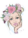 Beautiful girl with long hair in a wreath of roses and peonies. Flowers Big eyes and full lips. Vector illustration. Royalty Free Stock Photo