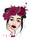 Beautiful girl with long hair in a wreath of roses and peonies. Flowers Big eyes and full lips. Vector illustration.