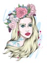 Beautiful girl with long hair in a wreath of roses and peonies. Flowers Big eyes and full lips. Vector illustration. Royalty Free Stock Photo