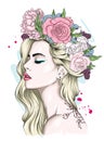 Beautiful girl with long hair in a wreath of roses and peonies. Flowers Big eyes and full lips. Vector illustration. Royalty Free Stock Photo