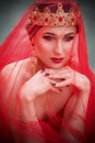 Beautiful girl in a long red dress and royal crown Royalty Free Stock Photo