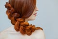 Beautiful girl with long red hair, braided with a French braid, in a beauty salon. Royalty Free Stock Photo