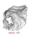Beautiful girl with thick wavy hair. Beauty salon icon. Vector illustration line art